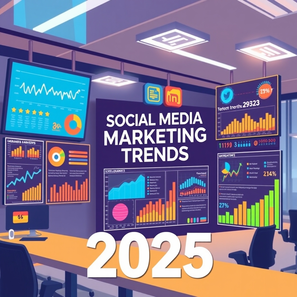 A modern office setting with multiple screens displaying vibrant social media analytics and marketing trends data, with the text "Social Media Marketing Trends 2025" in the center.