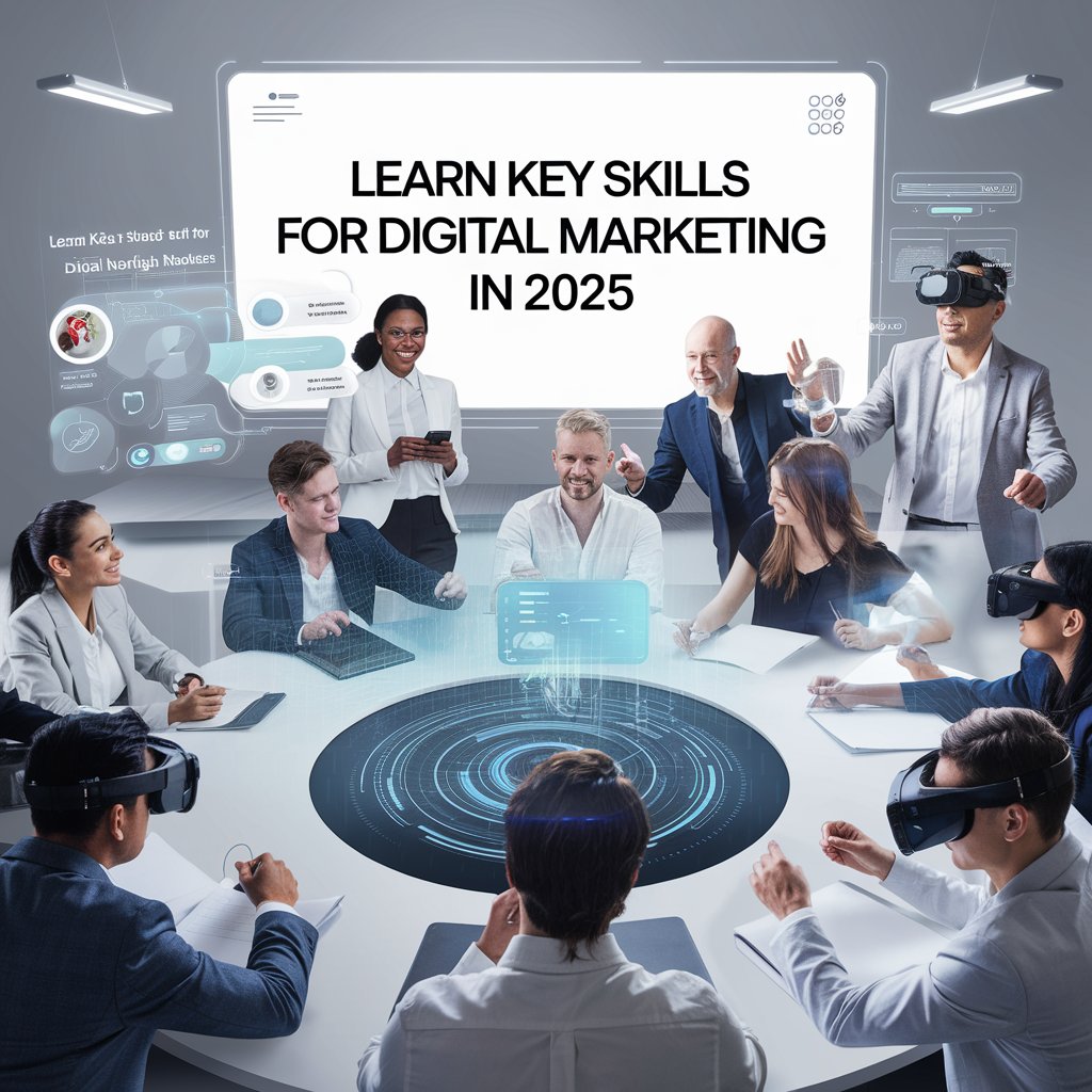 A futuristic training session with diverse professionals learning digital marketing skills using VR headsets, holographic displays, and advanced technology in a collaborative environment