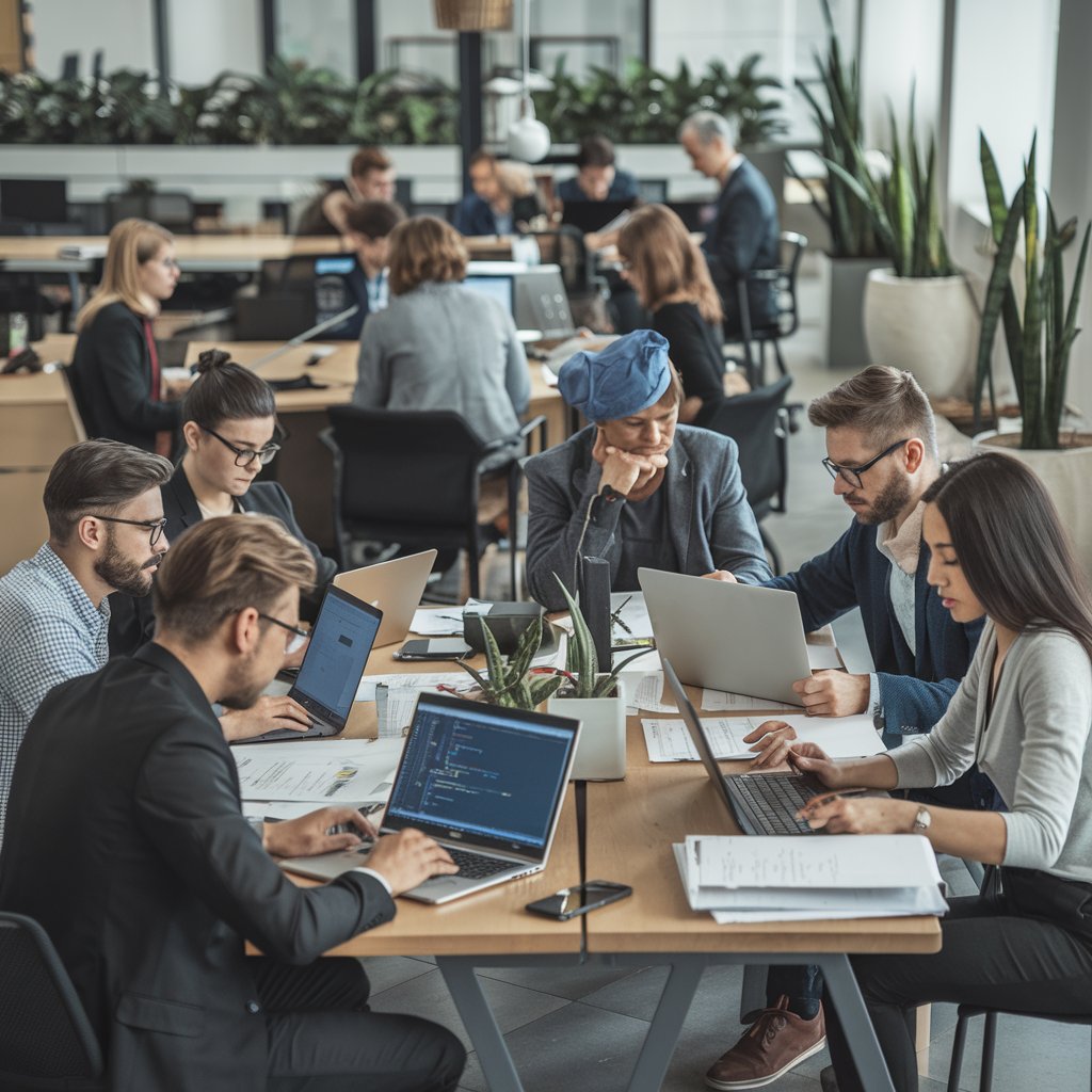 A collaborative office environment with diverse professionals working on laptops and documents at a shared workspace, surrounded by modern decor and indoor plants. Digital Marketing Basics.