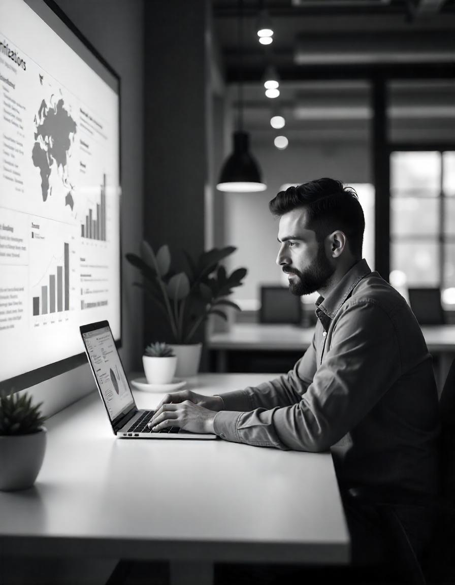 A professional man working on a laptop in a modern office, with charts and analytics displayed on a large screen in front of him.