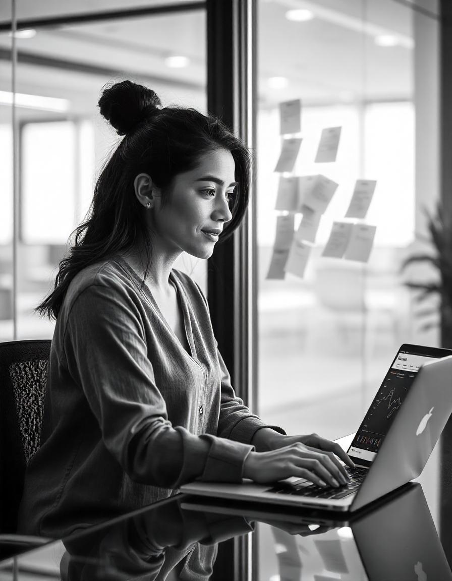 A woman working on a laptop in a modern office, with sticky notes on the glass wall behind her and analytics displayed on her screen.