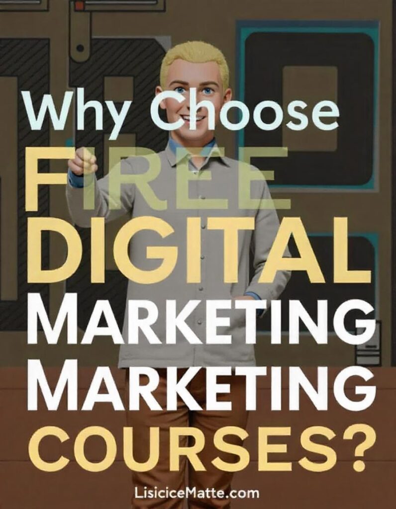 "Promotional graphic featuring the question 'Why Choose Free Digital Marketing Courses?' with a smiling person pointing towards the text and the website 'LisiciceMatte.com' at the bottom."