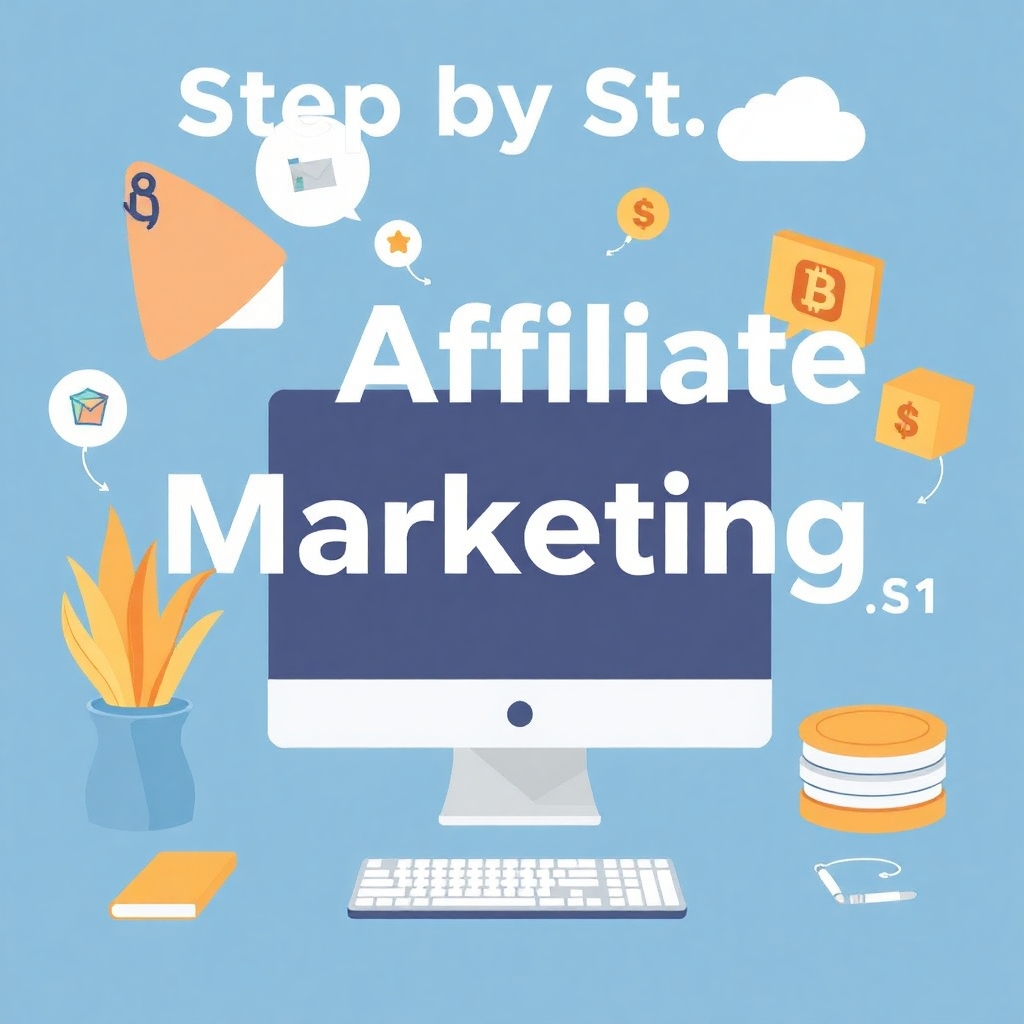 A graphic illustration titled "Step by Step Affiliate Marketing S1," featuring a desktop monitor surrounded by icons representing money, communication, and tools, set against a blue background. "Top 10 SEO Tips 2025"