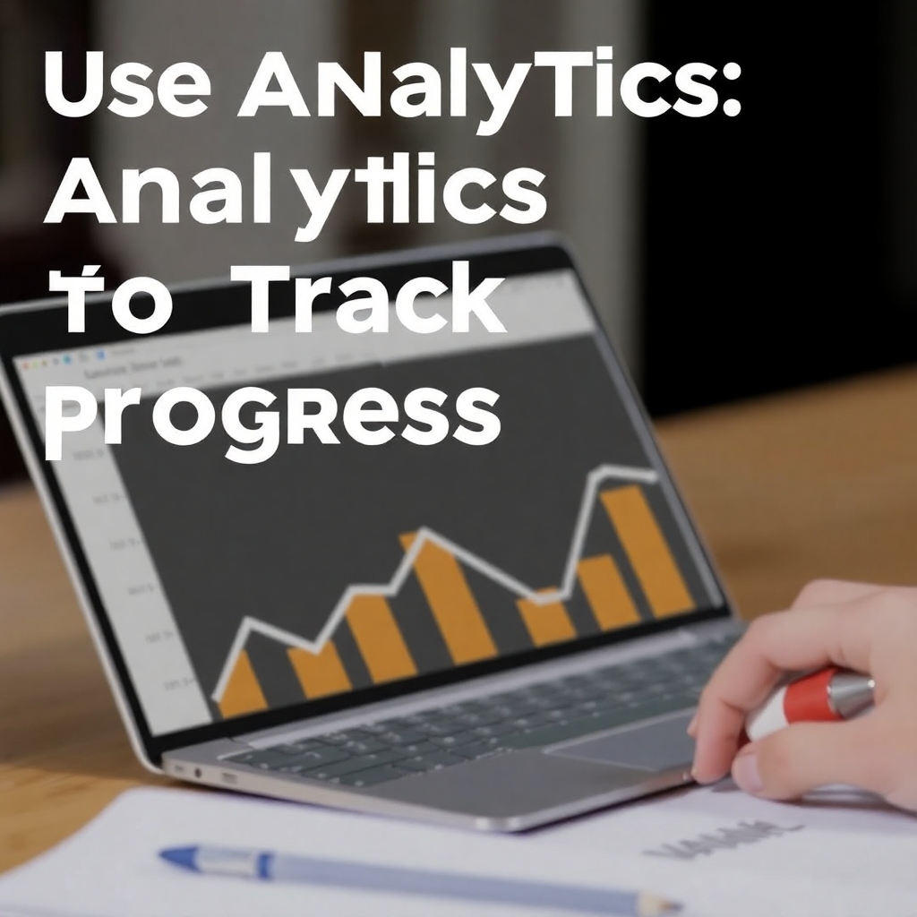 A person analyzing data on a laptop screen showing a bar and line graph, with the text "Use Analytics: Analytics to Track Progress." " Top 10 SEO Tips 2025"