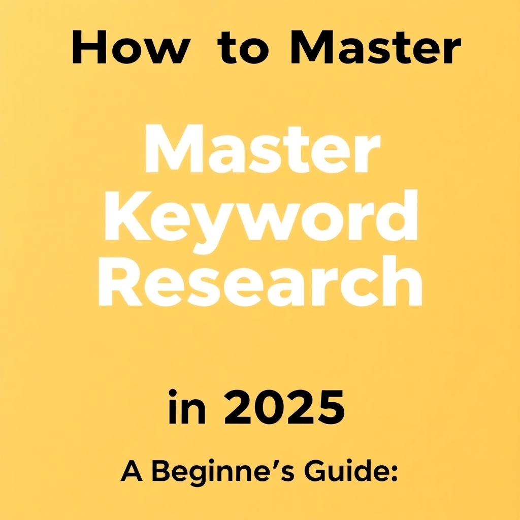 A bold yellow background with the text "How to Master Master Keyword Research in 2025: A Beginner's Guide" in black and white fonts.