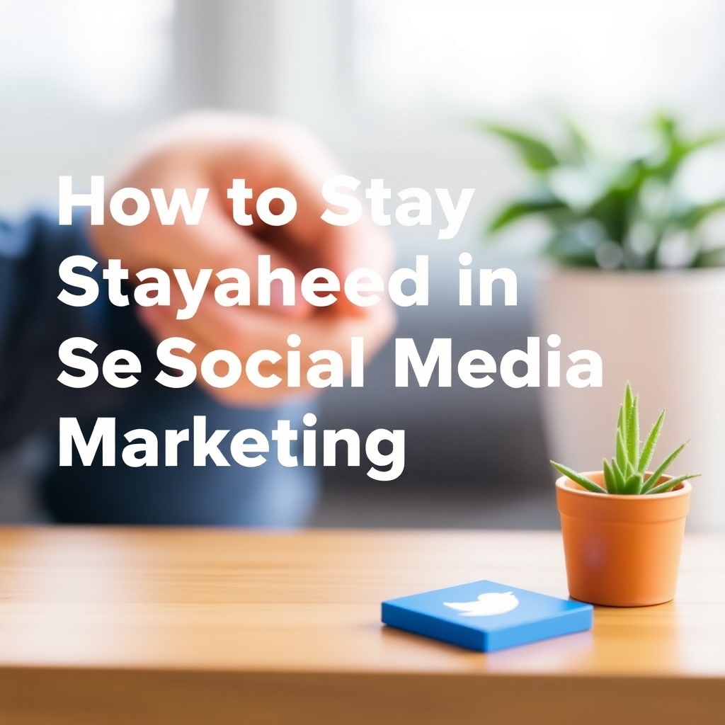 A small potted plant and a Twitter logo card on a wooden desk, with a blurred background of a person pointing forward. Text overlay reads "How to Stay Stayahead in Se Social Media Marketing."