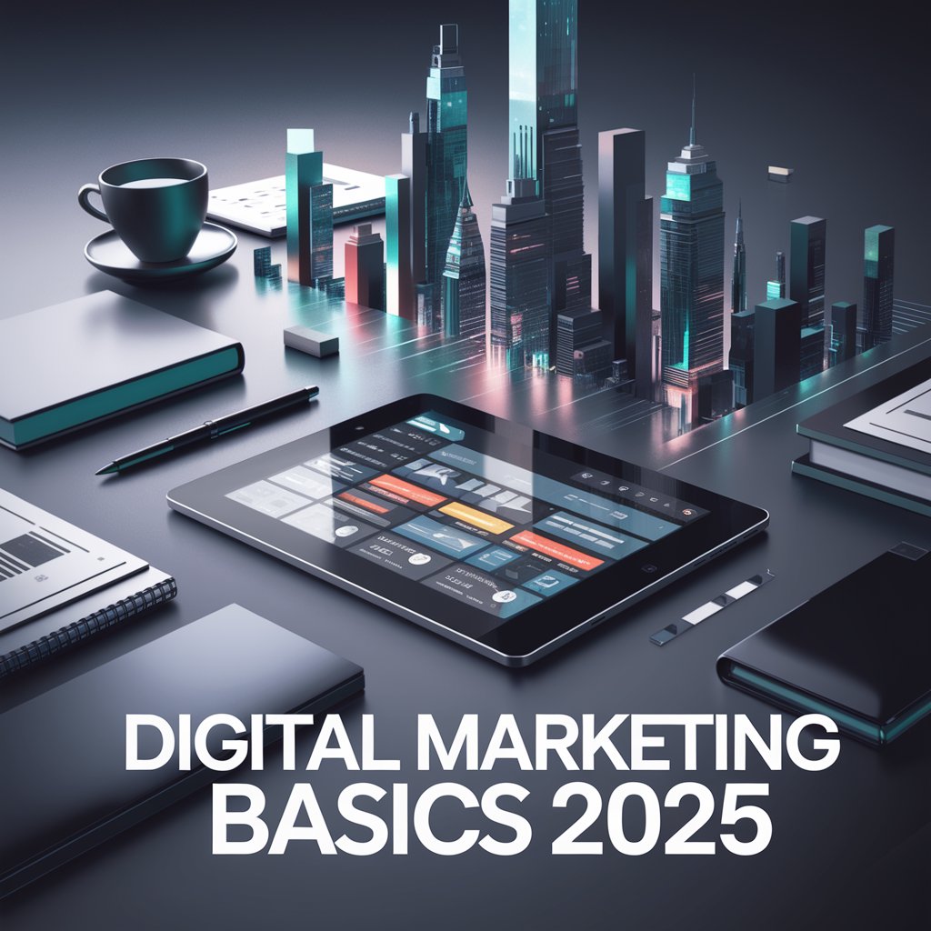 A futuristic digital workspace featuring a tablet displaying digital marketing tools, surrounded by a notebook, pen, smartphone, and a cup of coffee. A 3D city skyline emerges from the tablet, representing digital innovation. The text "Digital Marketing Basics 2025" is prominently displayed.